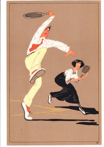 A Print of Two Tennis Players in Comic and Humorous Postures