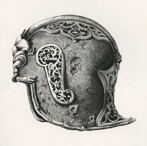 A sallet, aka salade or schaller war helmet, A.D. 1450, from The British Army: Its Origins, Progress and Equipment