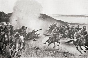 A shell from the Naval Brigade dispersing Boers from behind the Seven Sisters Kojes during the action of the 7th March
