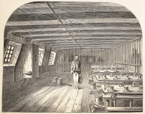 A ward on board the Defence hulk arranged for the return of the convicts to dinner, illustration from The Criminal Prisons of London and Scenes from Prison Life by Henry Mayhew and John Binny, pub. 18 by English School
