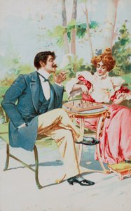 A well-dressed couple playing chess in a garden by English School
