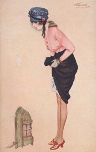 A woman lifting her skirt to warm her legs by a small heater by English School