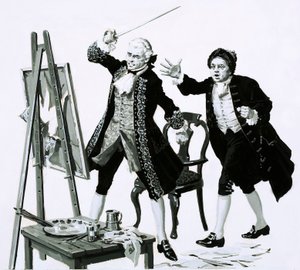 A young man slashed an unflattering portrait of his father by Hogarth with a sword by English School