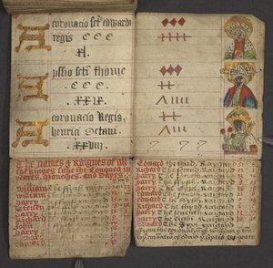 Table of dominical letters and golden numbers; directions to find the movable feasts; calendar of Saints, epochs, list of English Sovereigns, prognostications of weather, influence of the signs of the zodiac by English School