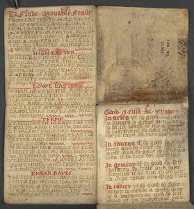 Almanac, containing table of dominical letters and golden numbers; directions to find the movable feasts; calendar of Saints, epochs, list of English Sovereigns, prognostications of weather, influence of the signs of the zodiac by English School