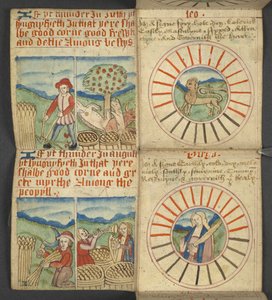 Leo & Virgo, from Almanac, containing table of dominical letters and golden numbers; directions to find the movable feasts; calendar of Saints, epochs, list of English Sovereigns, prognostications of weather, influence of the signs of the zodiac by English School