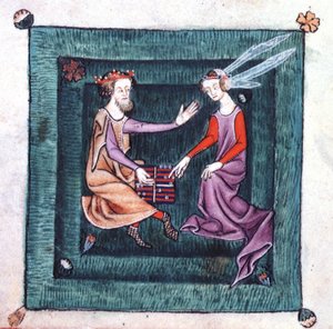 A King and Lady seated in a garden, playing a board game resembling backgammon, from the Luttrell Psalter by English School