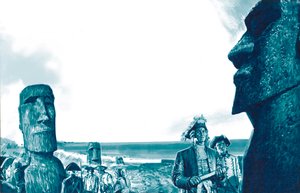 Admiral Roggeveen looking at the Easter Island Statues on Easter Sunday, 1722