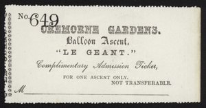 Admission ticket for the ascent of the balloon Le Geant from Cremorne Gardens, London by English School
