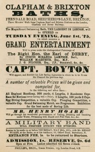 Advert for Clapham and Brixton Baths, Ferndale Road, Shepherds Lane, Brixton, London; featuring Captain Boyton by English School