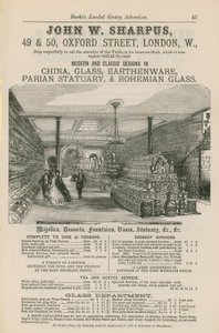 Advert for John W Sharpus, modern and classic designs in china, glass, earthenware, parian statuary and Bohemian glass by English School