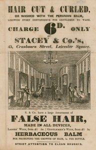 Advert for Stacey & Co., 45 Cranbourne Street, Leicester Square, London, Hair Dressers by English School