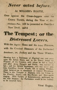 Advert for The Tempest; or, The Distressed Lovers, Performed at Millers Booth, Cross Daggers, Near the Crown Tavern