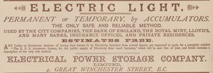 Advert for the Electrical Power Storage Company by English School