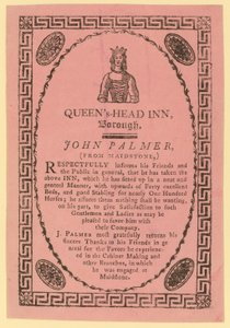 Advert for the Queens Head Inn, Borough, London by English School