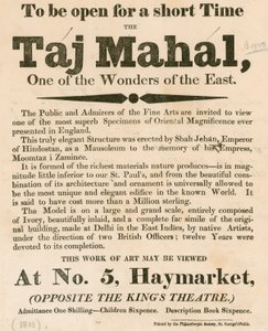 Advert for the exhibition of a model of the Taj Mahal at 5 Haymarket, London by English School