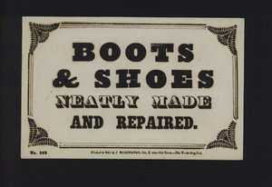Advertisement: Boots and Shoes Neatly Made and Repaired by English School