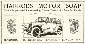 Advertisement for Harrods motor soap by English School