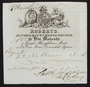 Advertisement for Roberts, butterman and cheesemonger, London by English School