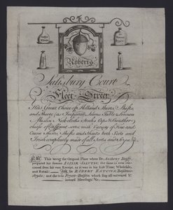 Advertisement for Roberts, cloth merchants, Salisbury Court, Fleet Street, London, where Dr Anthony Daffy prepared his Elixir Salutis by English School