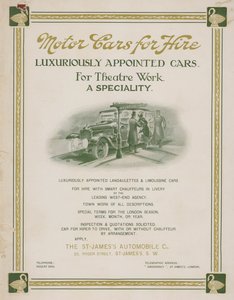 Advertisement for motor cars for hire from the St James