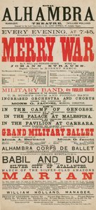 Advertisement for the Royal Alhambra Theatre, featuring Merry War by F Bell and Richard Genee with music by Johann Strauss by English School