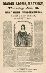 Advertisement for the appearance of Mademoiselle Emilie Vandermeersch, Oiseaux Merveilleaux at the Manor Rooms, Hackney, London by English School