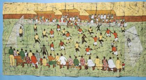 African batik illustrating a football match with crowds watching in the stands by English School
