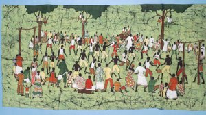 African batik, illustrating and football match with spectators watching by English School