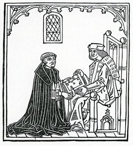 Alexander Barclay presenting his book to his patron Thomas Cornish, frontispiece to the English translation of 