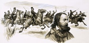 Alfred Tennyson with the Charge of the Light Brigade in the background