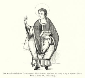 An Anglo-Saxon Priest Wearing a Black Dalmatic, Edged with Fur, Ready to Say a Requiem Mass by English School
