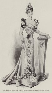 An Evening Gown of Satin, embroidered with Coloured Silks by English School