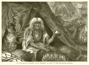 An Old Squaw Pounding Wild Cherries: A scene in the Red River Country by English School