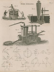 An early Fire engine, including cutaway drawing of pump by English School