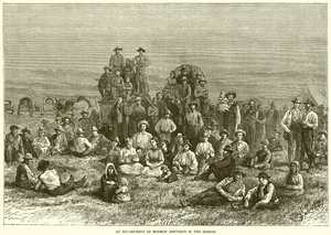 An encampment of Mormon converts in the desert by English School