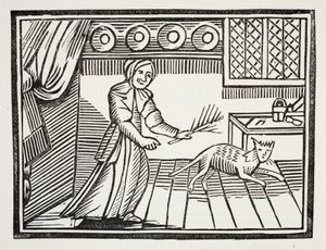 An Old Woman Whipping Her Cat for Catching Mice on a Sunday by English School