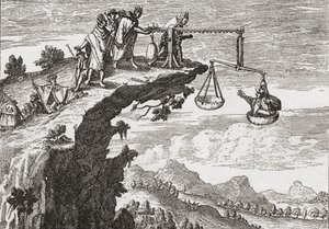 An unusual method of extorting confessions from criminals, after a 16th century drawing by Theodorus de Bry. The scene shows the criminal sitting in the scales of injustice whilst a priest leans over the precipice ready to receive his confession by English School