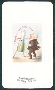 Angry Champagne Bottle punching man, Christmas Card by English School