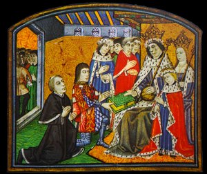 Anthony Woodville, Earl Rivers, presenting the Dictes and Saying of the Philosophers to his brother-in-law, Edward IV