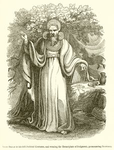 Arch Druid in his full Judicial Costume, and wearing the Breastplate of Judgment, Pronouncing Sentence by English School