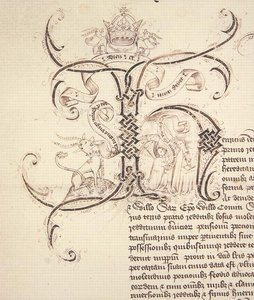 Decorated initial H from royal charter recording grant by King Henry VI to New College Oxford of the estates of Newton Longville