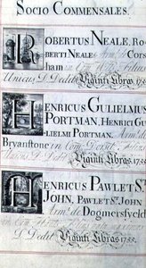 Page listing three benefactors of New College, Oxford; Robertus Neale, Henricus Gulislmus Portman and Henricus Pawlet St. John by English School