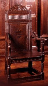 Armchair painted with armorial device surrounded by dentil ornament, Yorkshire, early 17th century