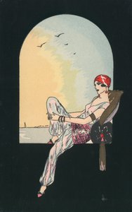 Art Deco Image of a Woman Reclining in a Window Seat by English School
