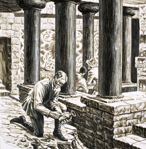 Arthur Evans exploring the remains of the ancient Minoan palace at Knossos by English School