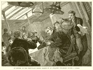 At Dinner in the First-Class Dining Saloon of an Atlantic Steamship during a Storm by English School