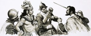 Atahualpa, the Inca god-king, came to meet the invading Spaniards in a friendly manner by English School