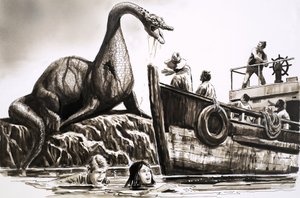 Attack by pre-historic reptile by English School
