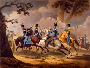 Austrian Infantry defending their artillery from Prussian Hussars, from series Cavalry actions of the allies during the Napoleonic campaigns published 1799-1802